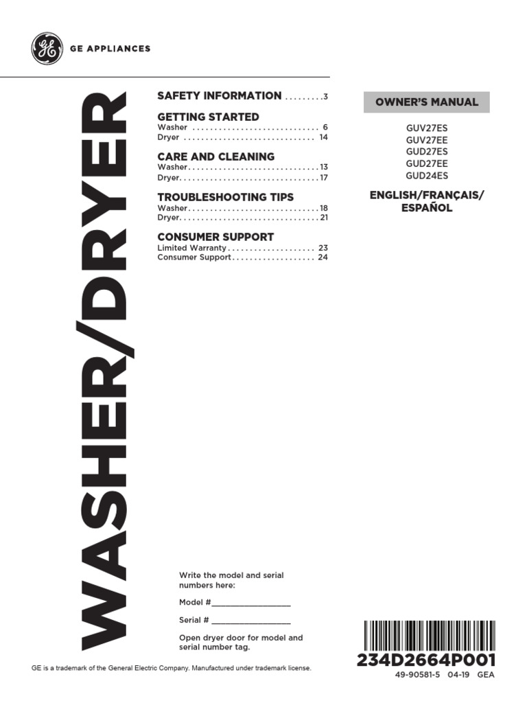 GE Washer Dryer Gud27essm1ww | PDF | Washing Machine | Clothes Dryer