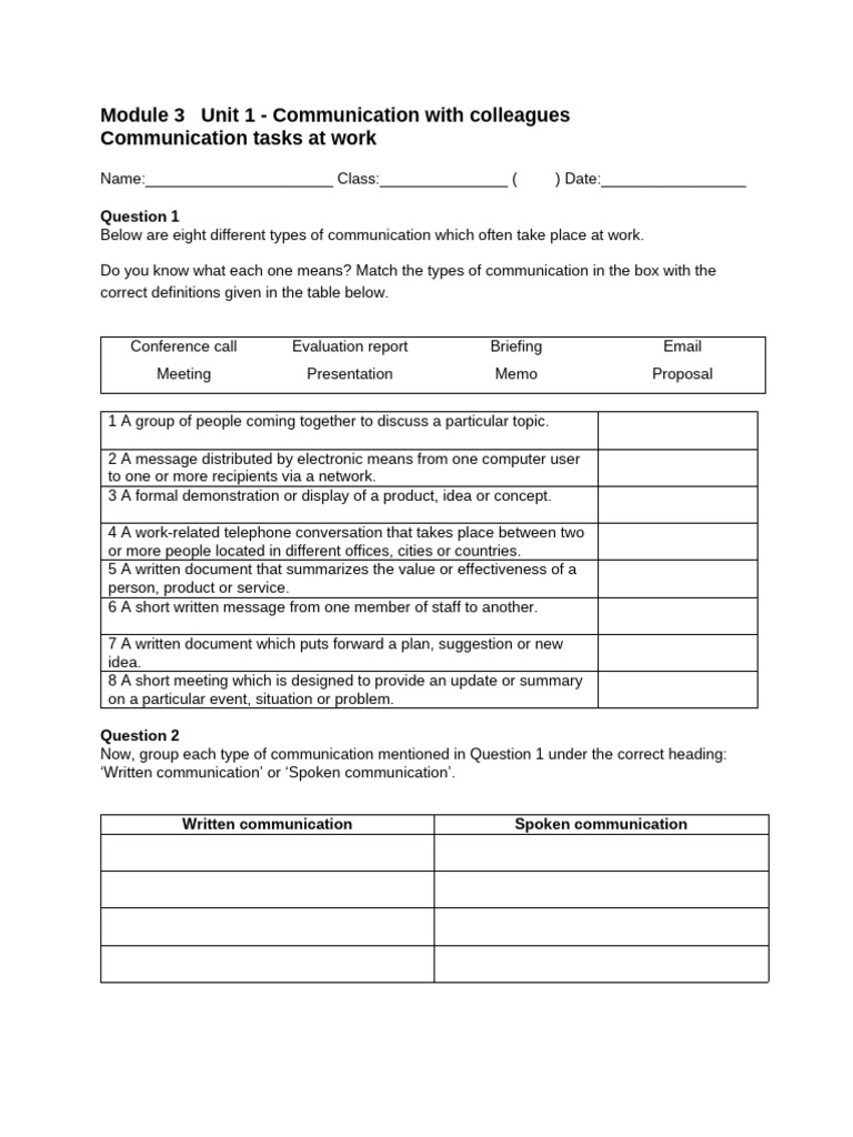 Module 3 Unit 1 - Communication Tasks at Work - 2021 | PDF