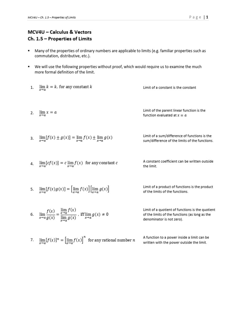 MCV4U - Ch. 1.5 - Properties of Limits | PDF | Function (Mathematics ...
