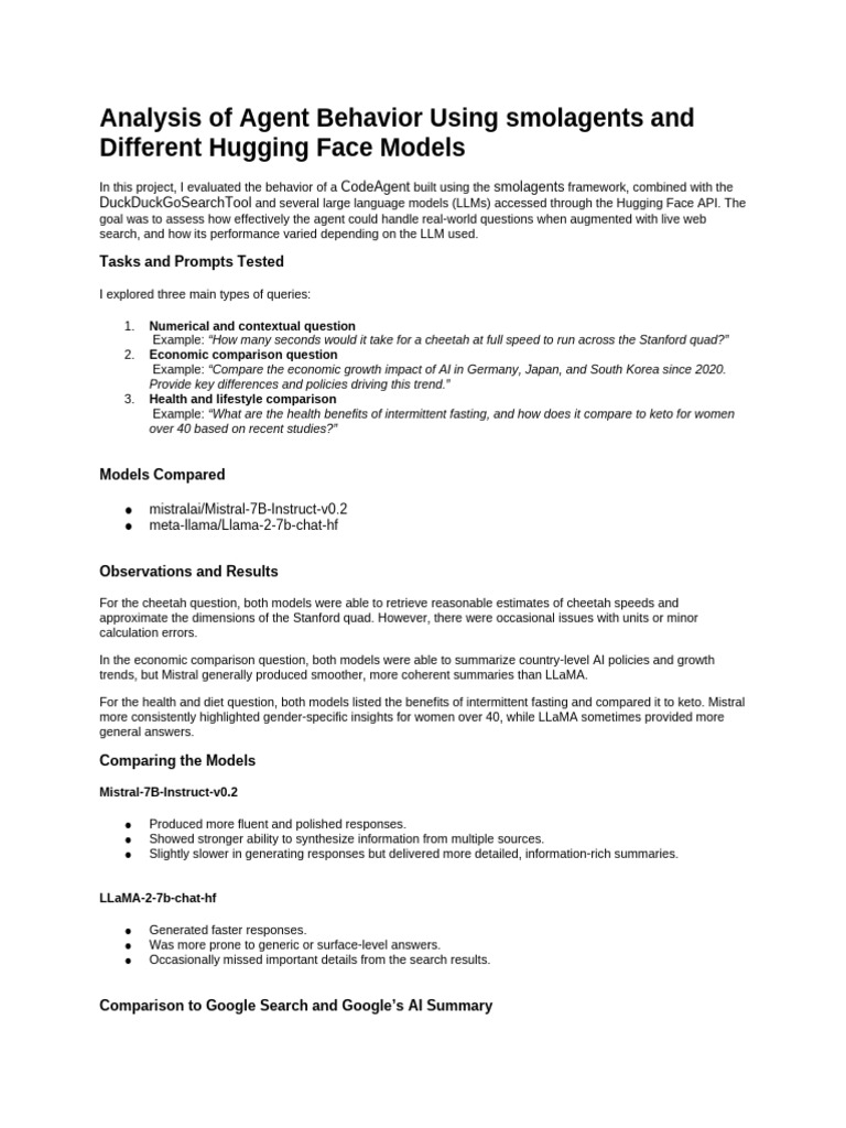 Analysis of Agent Behavior Using Smolagents and Different Hugging Face ...