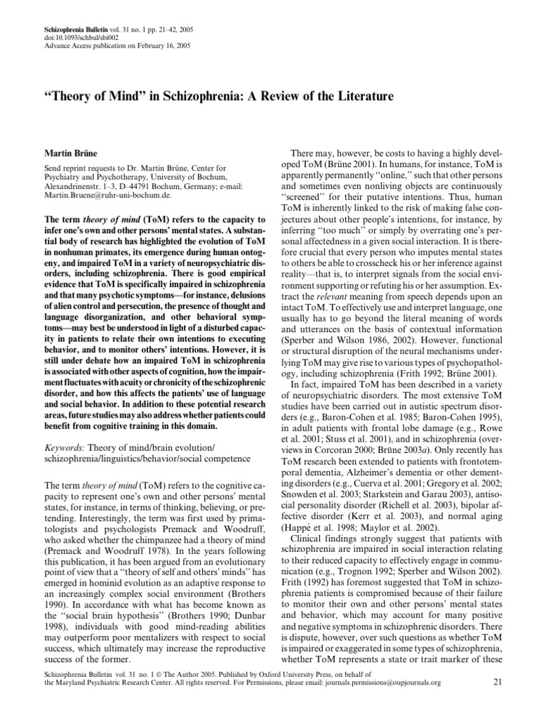 Tom in Schizophrenia 2005 BRUNE | PDF | Theory Of Mind | Schizophrenia