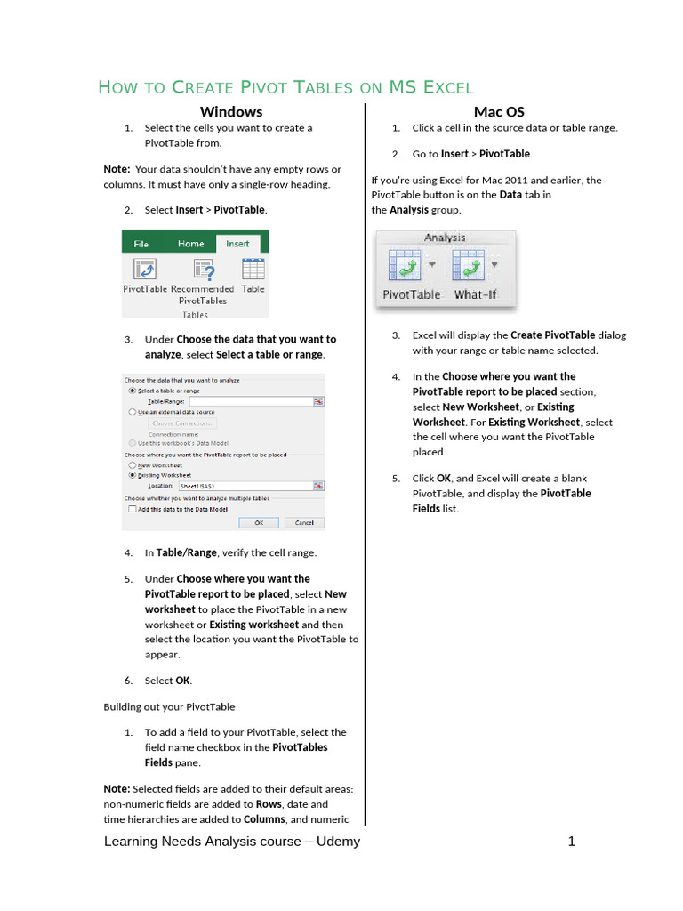 How To Create Pivot Tables in MS Excel | PDF