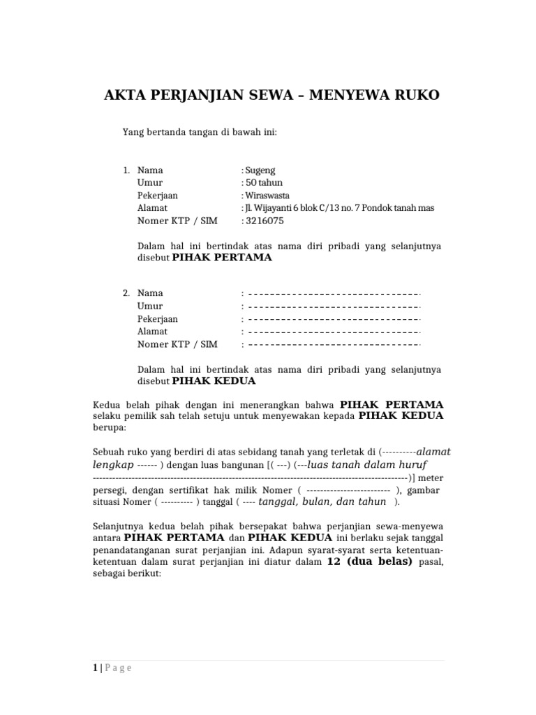 File Perjanjian Sewa Menyewa Ruko | PDF