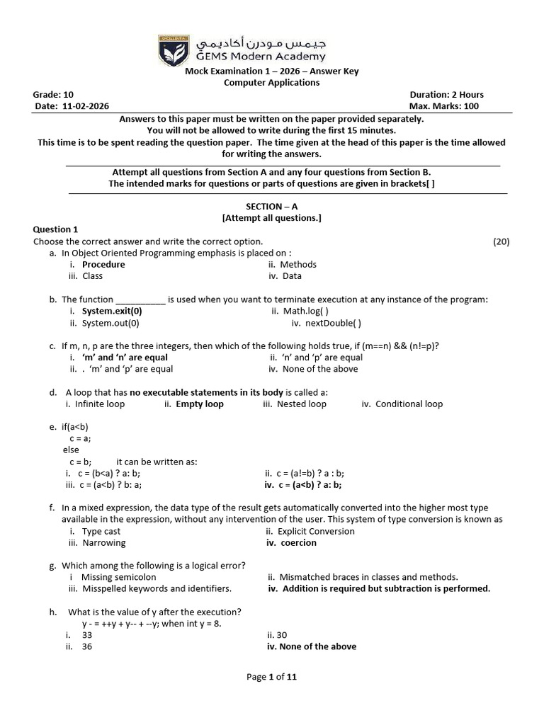 Mock Examination 1 - Computer Applications - Answerkey - 2026 | PDF ...