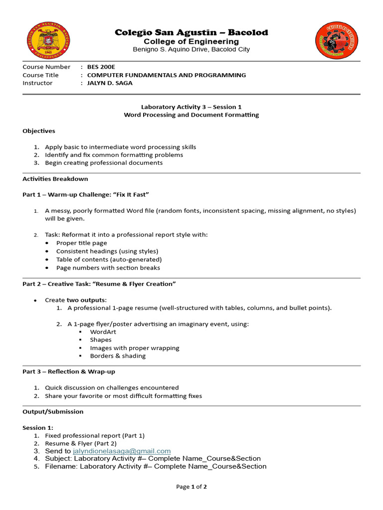 Lab Activity 3 Word Processing Document Formatting Session 1 | PDF ...