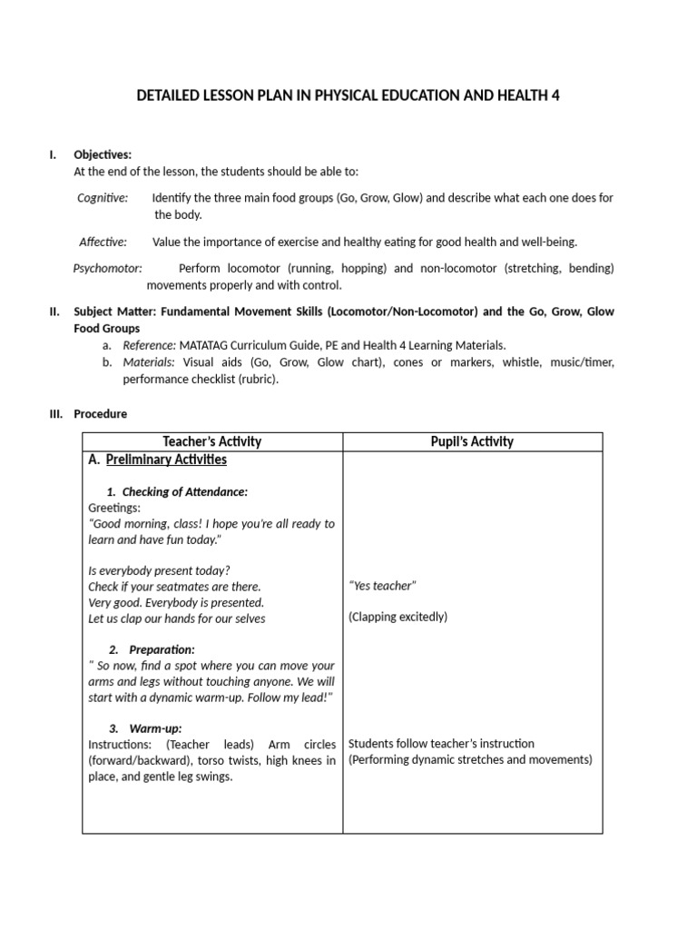 Detailed Lesson Plan in Physical Education and Health 4 | PDF ...
