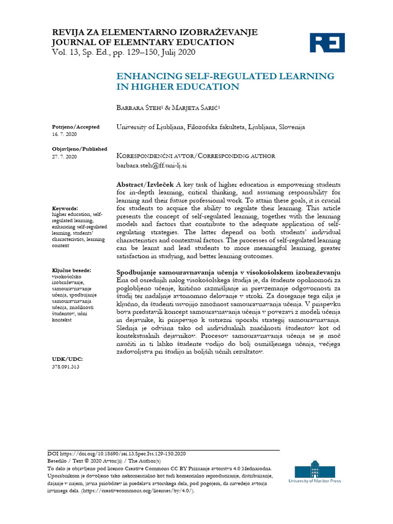 Enhancing Self-Regulated Learning in Higher Educat | PDF ...