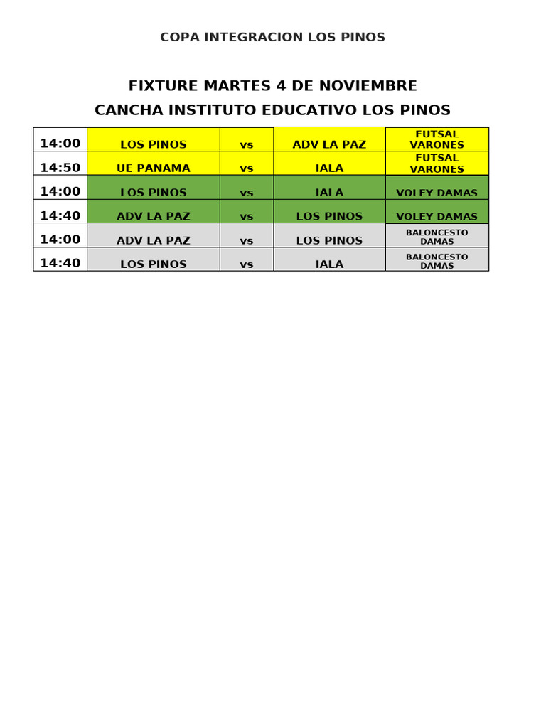 Fixture Copa Los Pinos | PDF