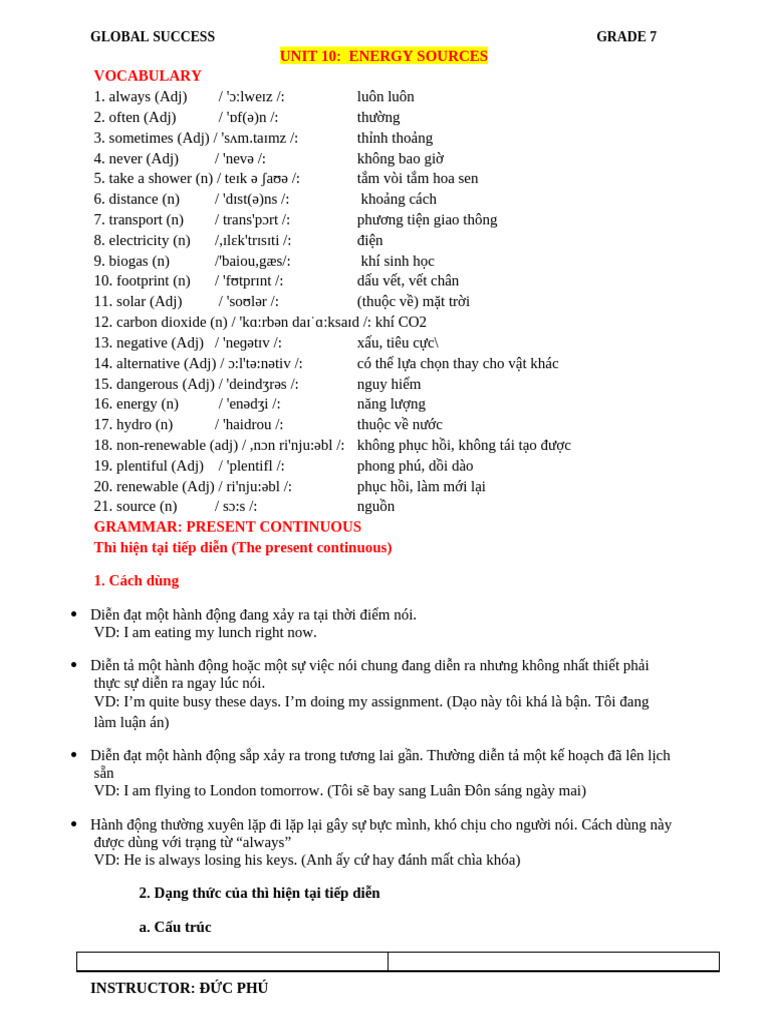 Bai Tap Bo Tro Tieng Anh 7 Global Unit 10 ENERGY SOURCES | PDF