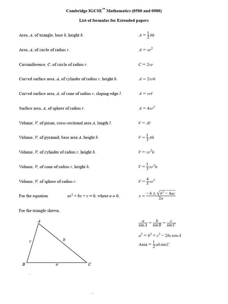 0580 Formula Sheet For Extended Papers | PDF | Area | Sphere
