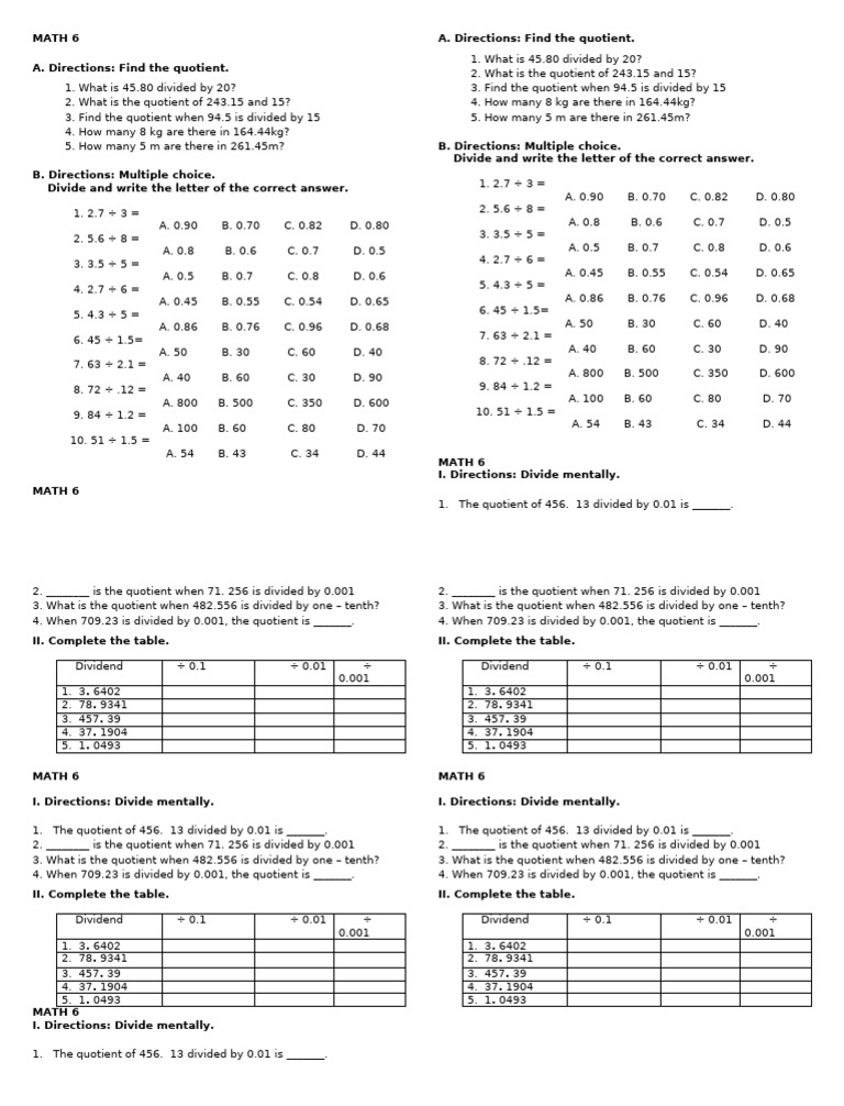 Math 6 Dividing Decimals - Worksheets | PDF | Division (Mathematics ...