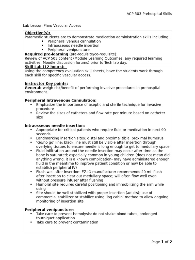 Lab Lesson Plan Vascular Access | PDF | Intravenous Therapy | Clinical ...