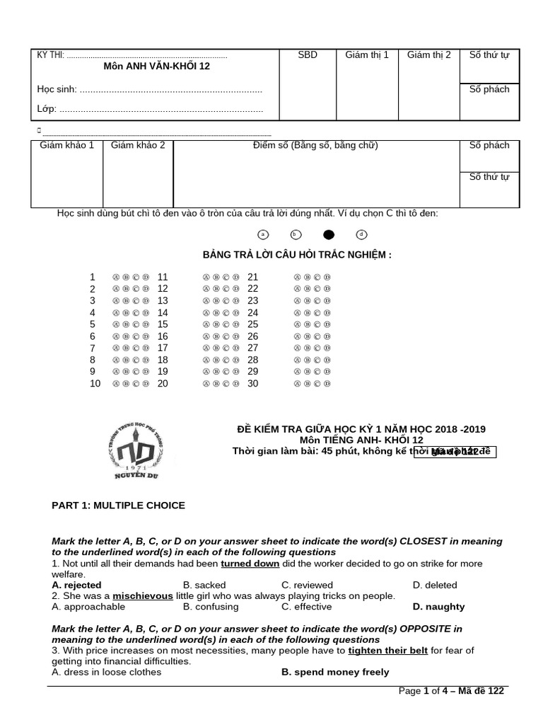 Dap An Anh 12 - Ma de 122 191020189 | PDF