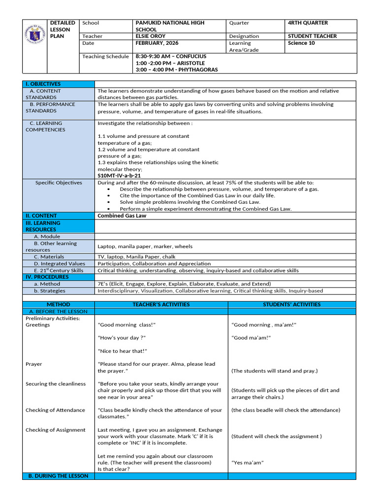 Combined Gas Law Lesson Plan | PDF | Gases | Temperature