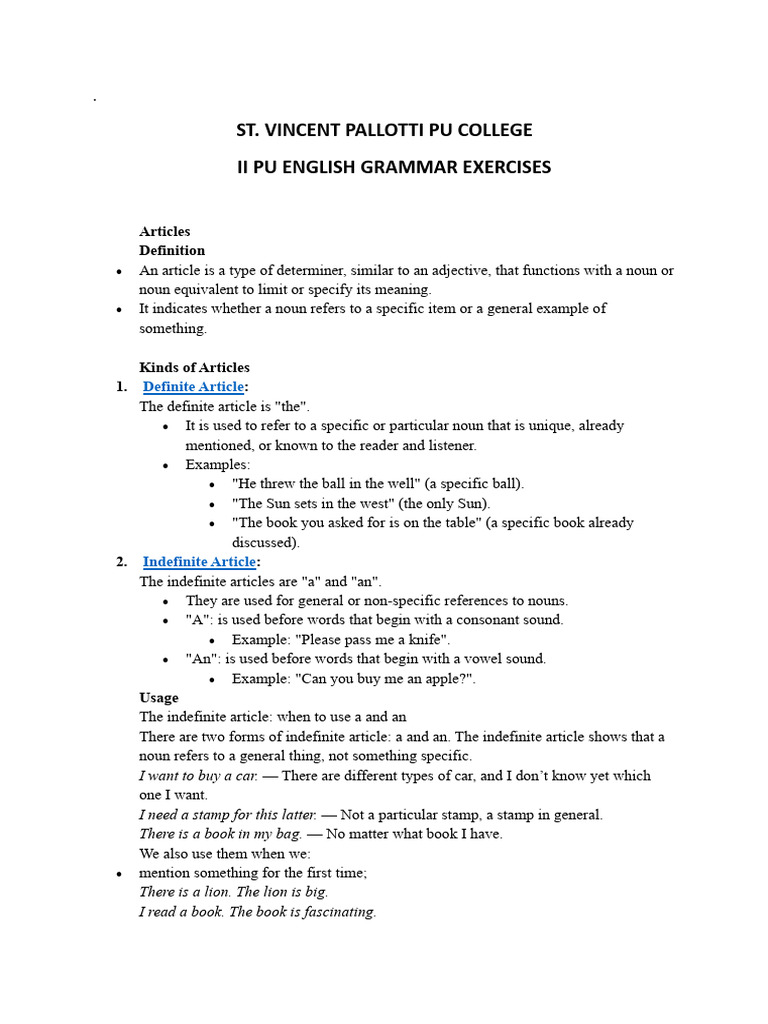 ST Vincent Pallotti Pu College Grammer Exercises 2 | PDF | Grammatical ...