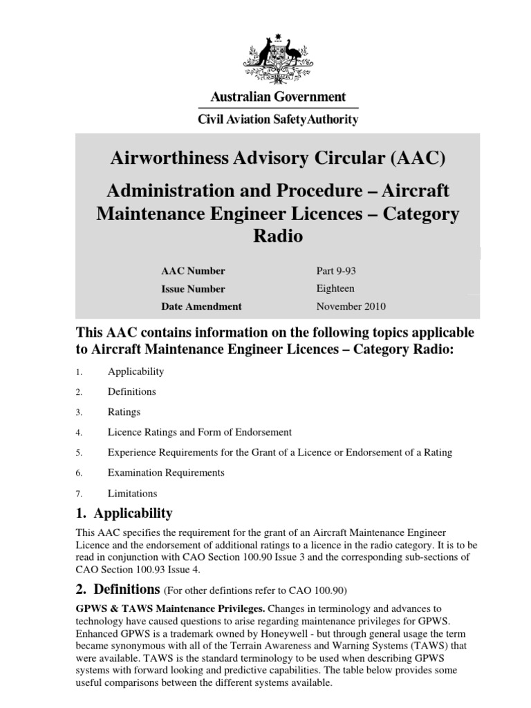 Airworthiness Advisory Circular (AAC) Administration and Procedure Aircraft Maintenance