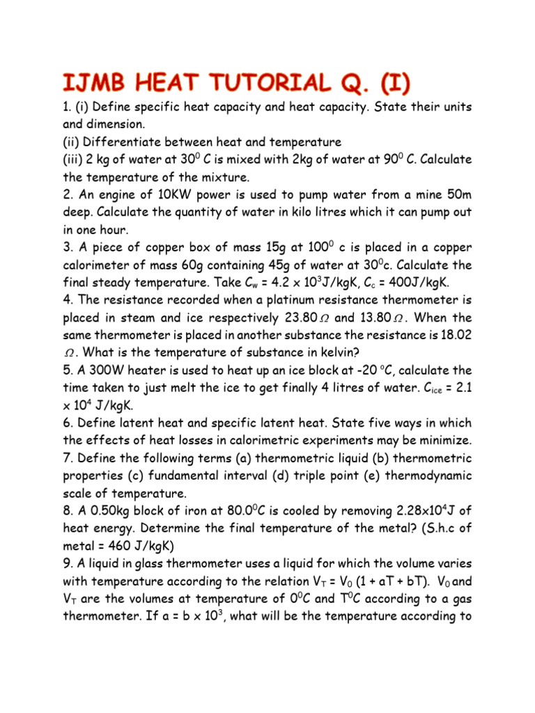 Heat Tutorial Questions | PDF | Heat | Temperature