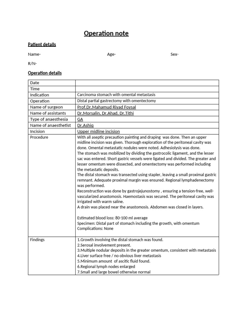 Open Gastrectomy Operation Note | PDF