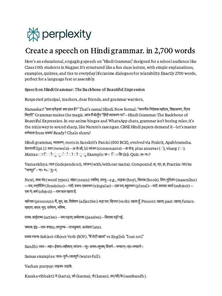 Create A Speech On Hindi Grammar. in 2,700 Words | PDF