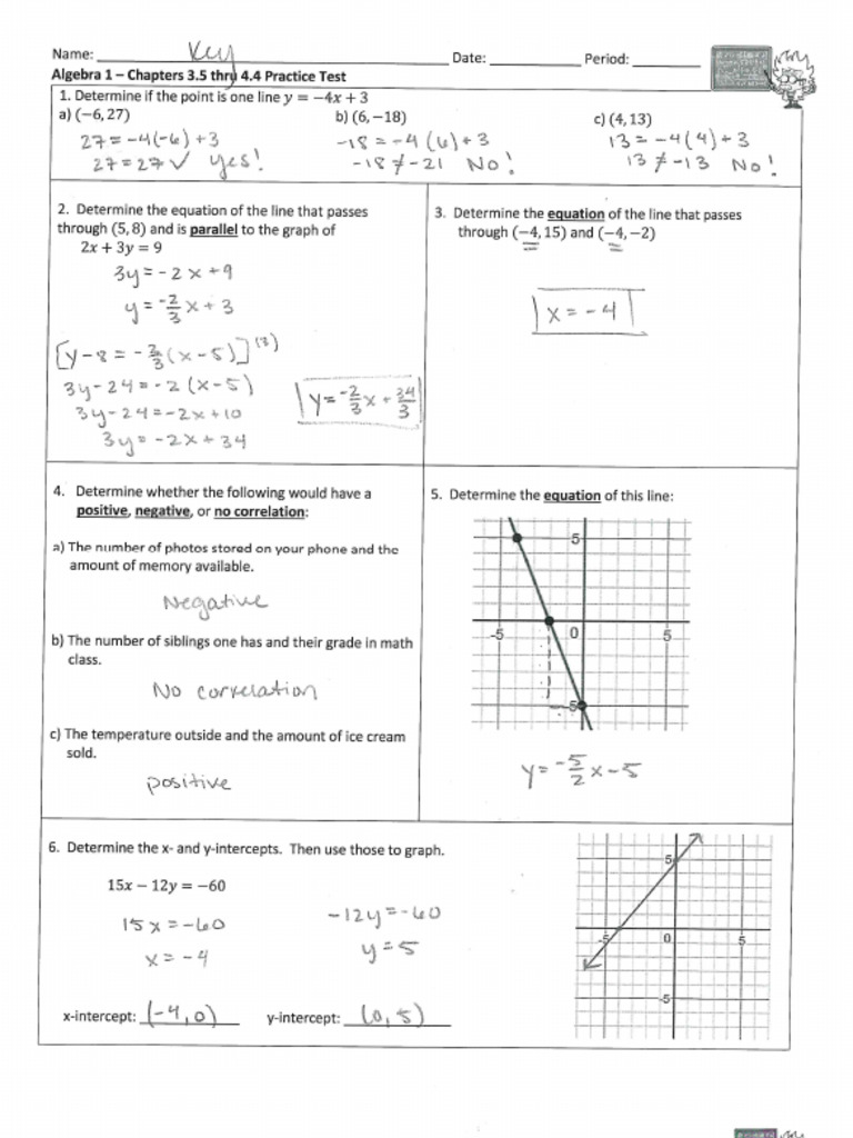 Alg 1 CH 3 & 4 Graphing & Equations of Lines PRACTICE TEST KEY | PDF