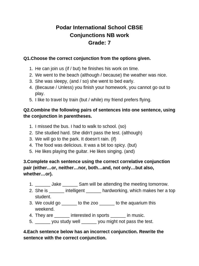 Conjunctions Note Book Work Grade VII | PDF | Chess Theory