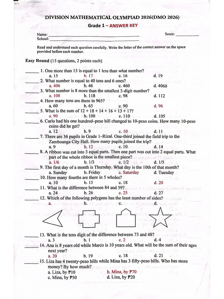 Math Olympiad 25 26 Elementary | PDF