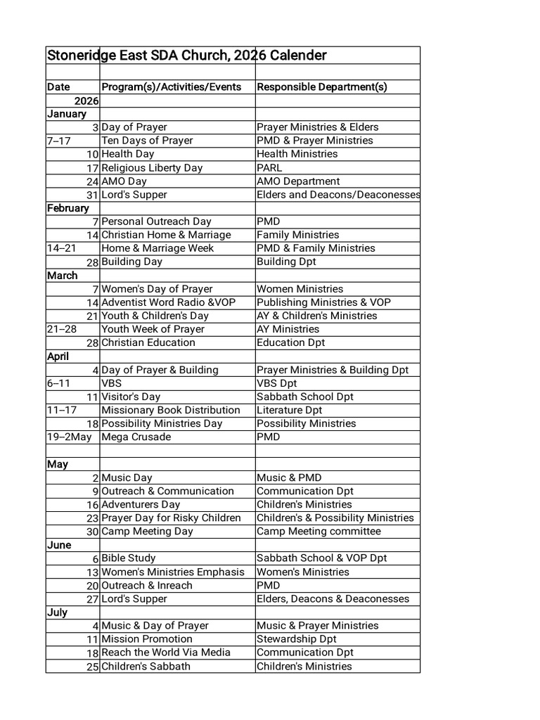 Stoneridge Sda East Calender 2026-1 | PDF | Seventh Day Adventist ...