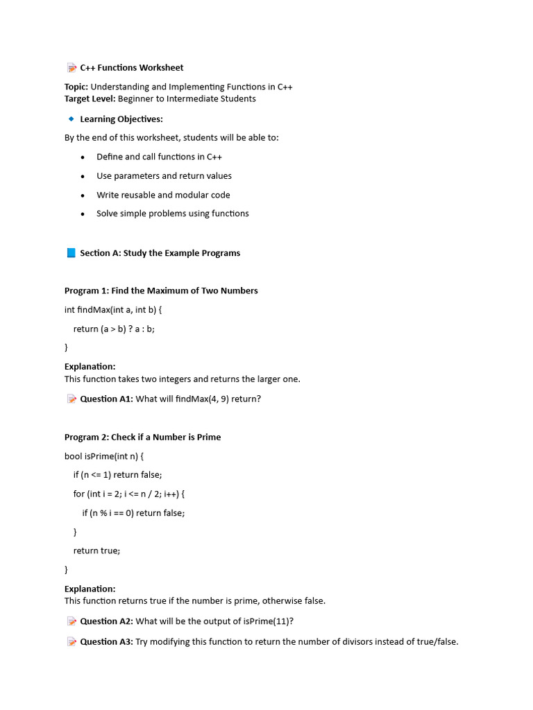C++ Functions Students Worksheet | PDF | Integer (Computer Science ...