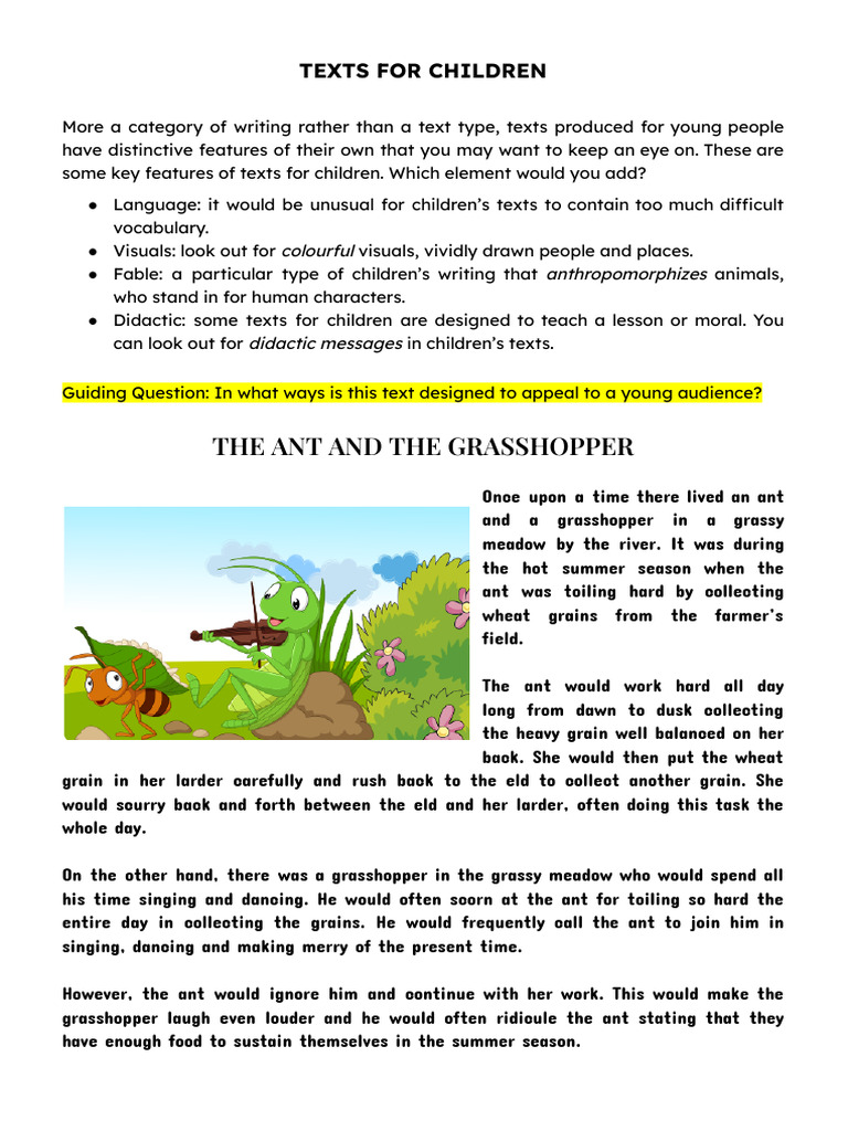 Texts For Children - The Ant and The Grasshopper | PDF