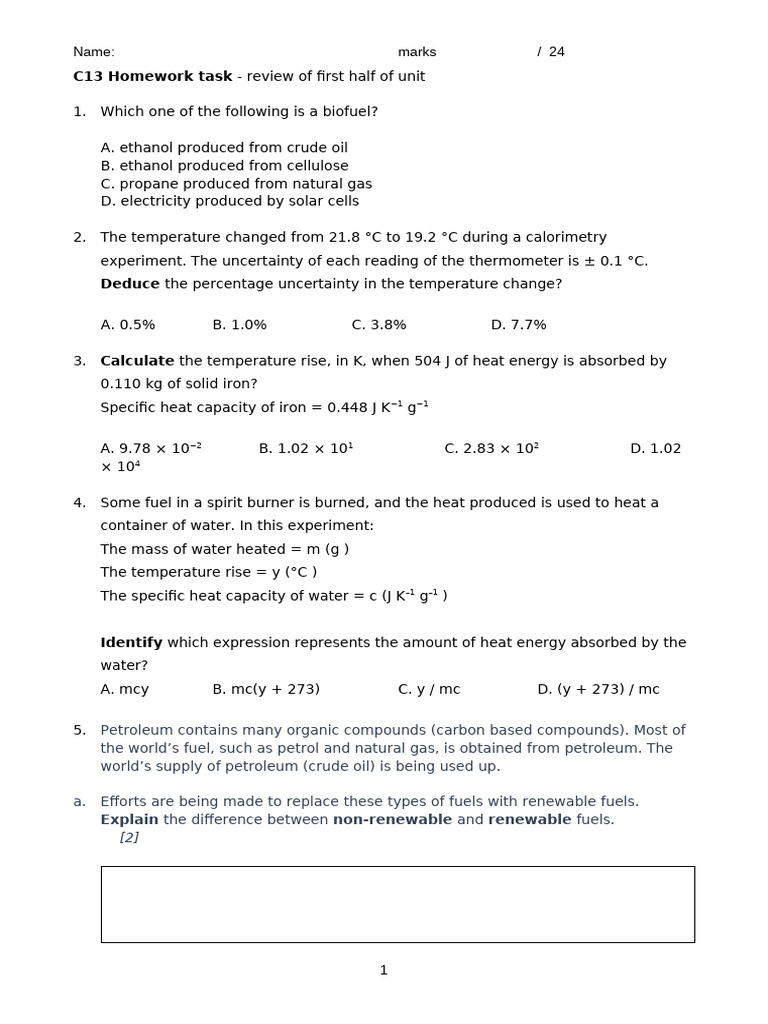 C13 Homework Review 1 - First Half of Unit | PDF | Fuels | Combustion