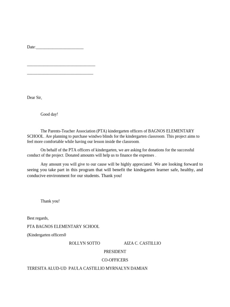 Solicitation Letter Sample Template For The PTA Project | PDF