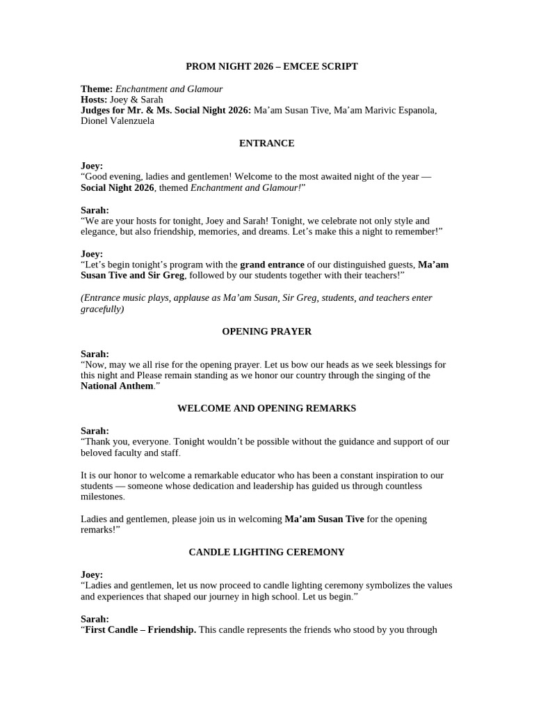 Prom Night 2026 - Emcee Script | PDF