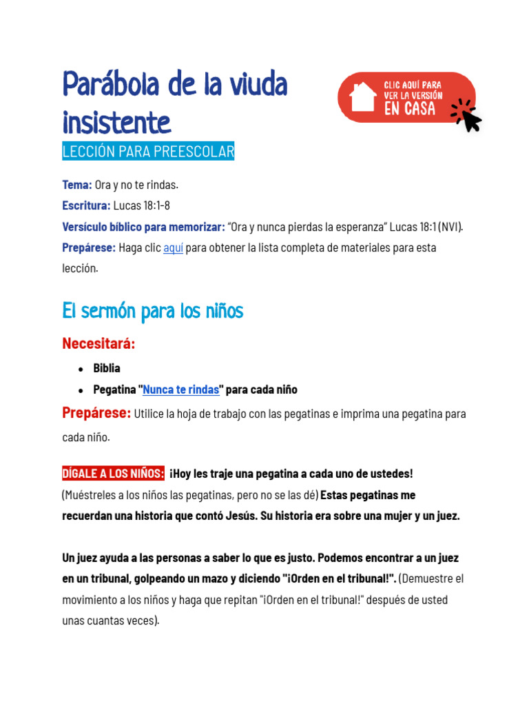 Parabola de La Viuda Insistente Leccion Para Preescolar | PDF | Oración