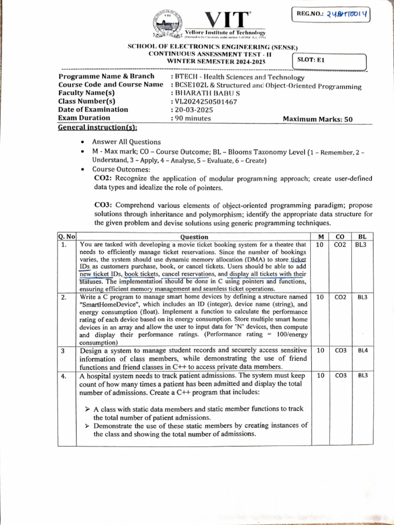 Bcse102l Cat 2 E1 2024 2025 | PDF | Object Oriented Programming ...