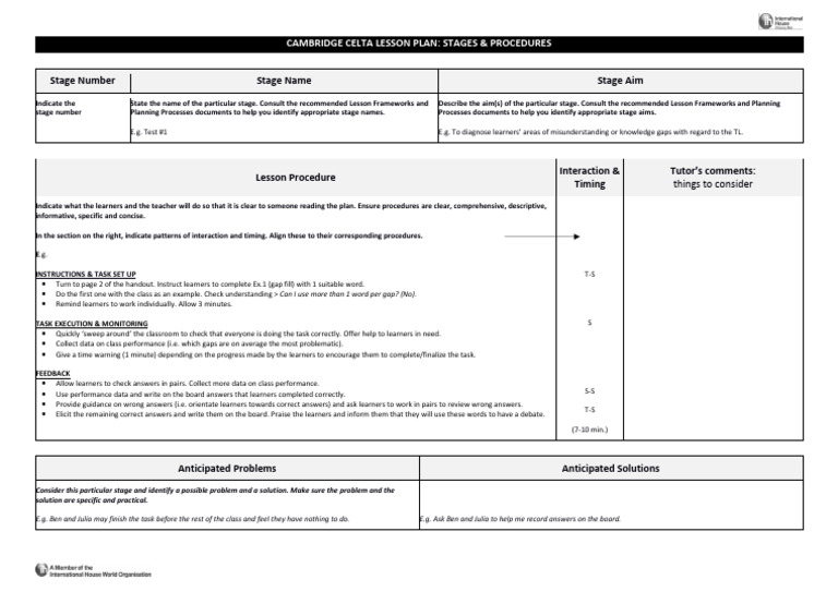 02 - CELTA Lesson Plan Template - Stages Procedures - Sample | PDF ...