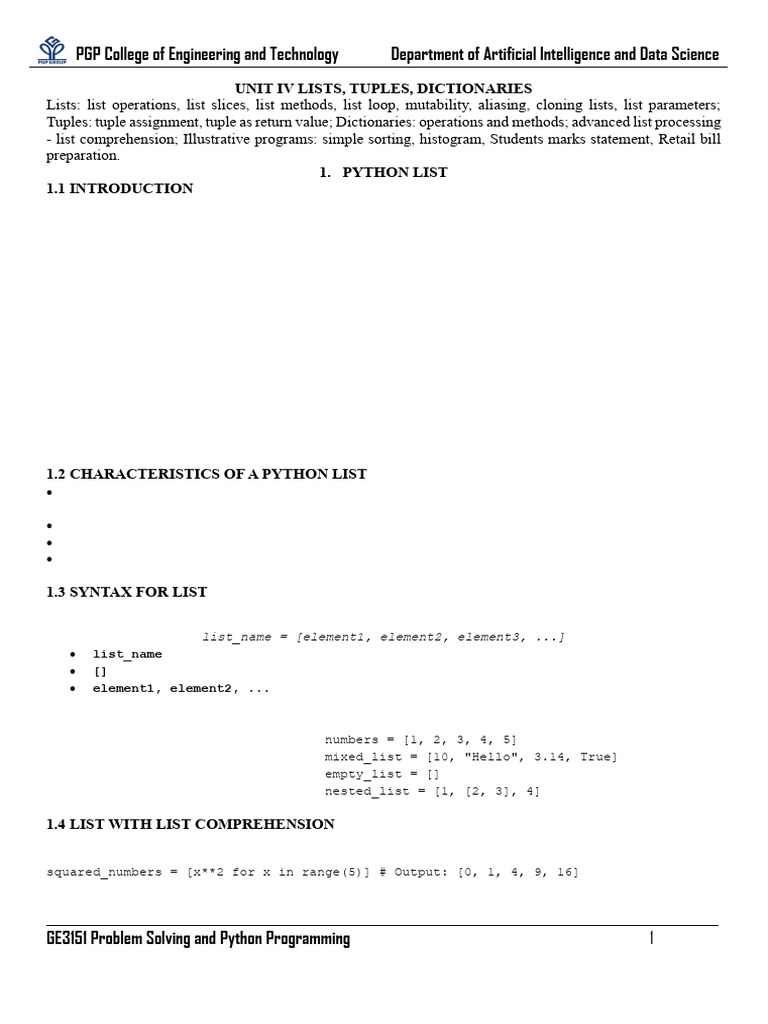 GE3151 PS and Python Programming - UNIT IV | PDF | Data Type | Control Flow