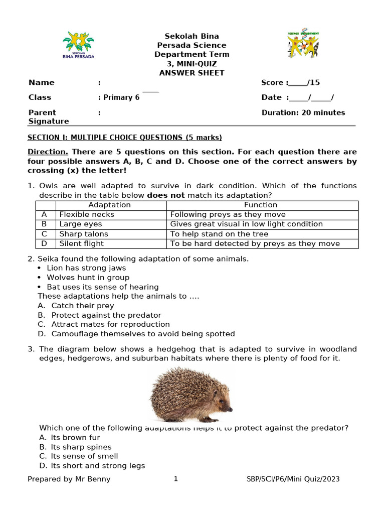 Mini Quiz Adaptation | PDF | Predation | Adaptation