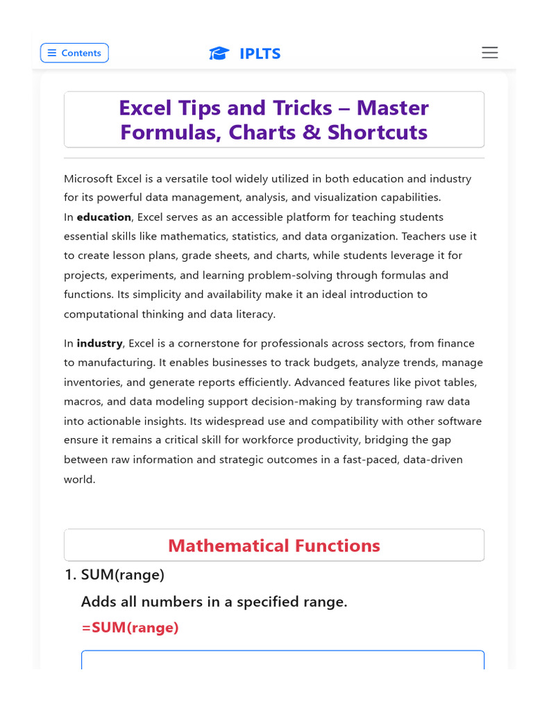Iplts Com Tools Excel Basics To Advanced ... | PDF | Trigonometric ...