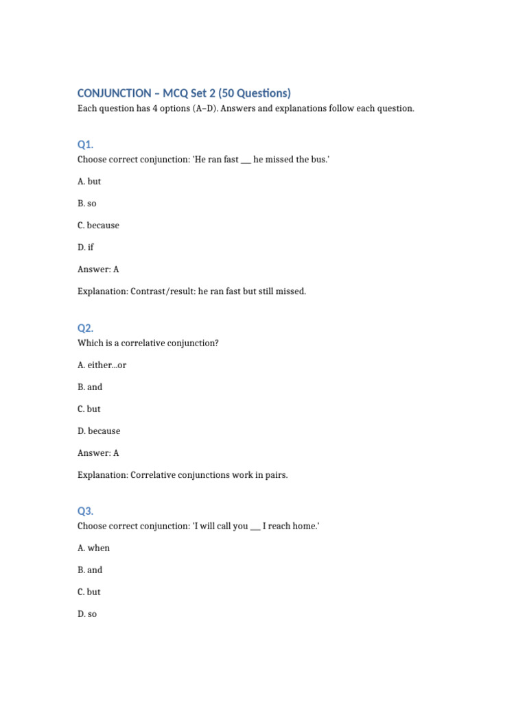 Conjunction 50 MCQ Set 2 | PDF | Syntax | Linguistic Typology