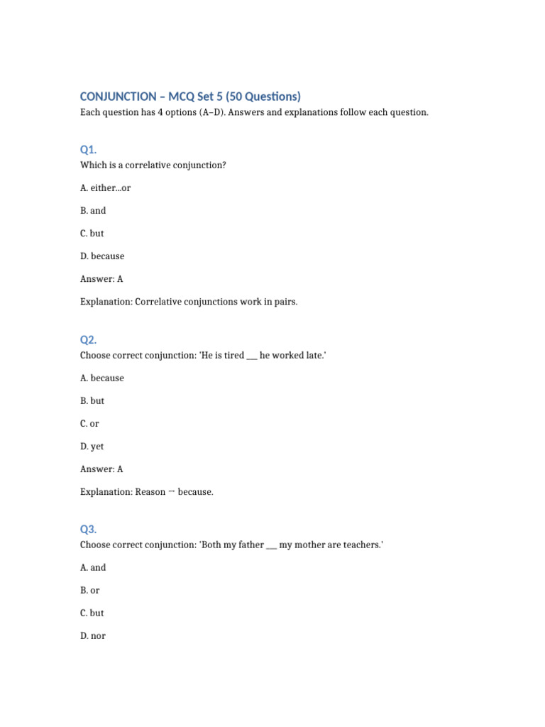 Conjunction 50 MCQ Set 5 | PDF | Language Mechanics | Semantics