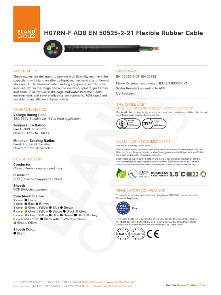 h07rn F Ad8 en 50525 2 21 Flexible Rubber Cable Datasheet | PDF ...