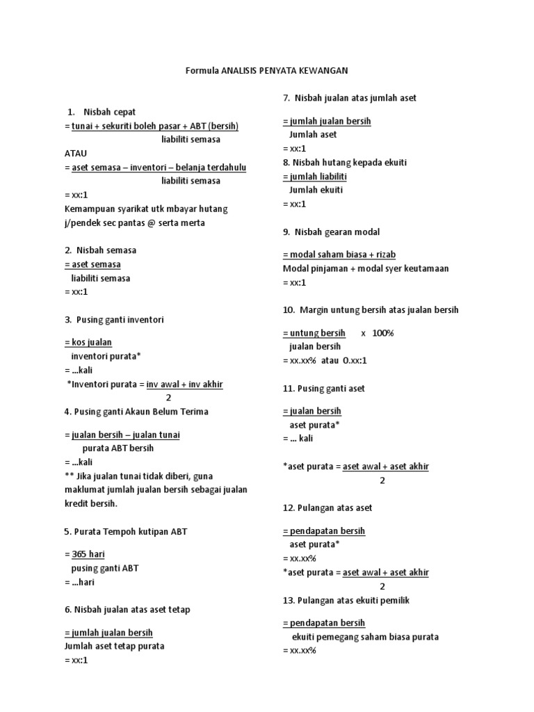 Formula Analisis Penyata Kewangan