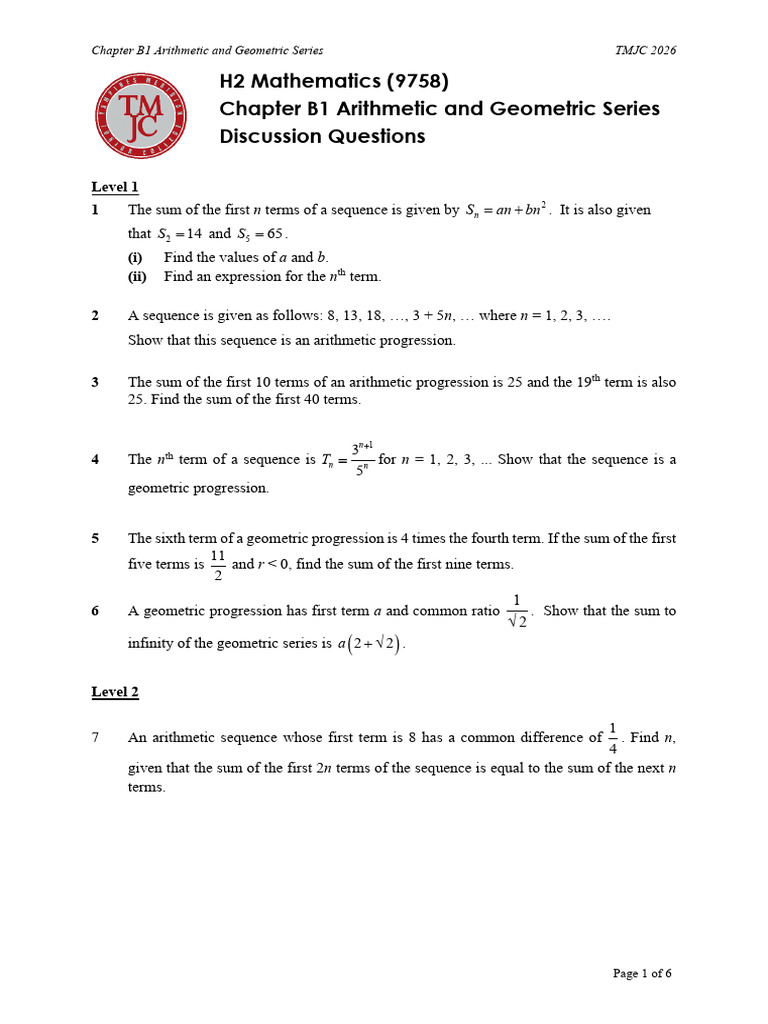 H2 Math Chapter B1 a&GS Discussion Questions 2026 | PDF | Mathematical ...