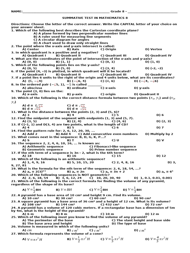 MATH 8 Q2 LongTestReviewer | PDF | Cartesian Coordinate System | Pi