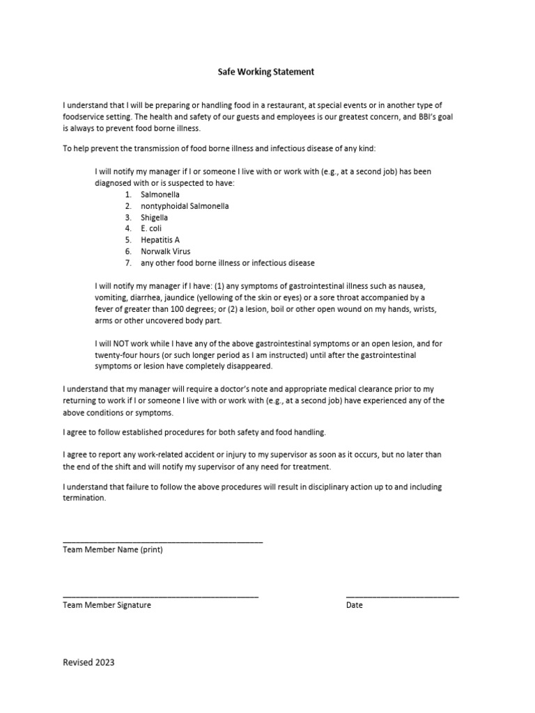 Safe Working Statement With Signature (2023) | PDF