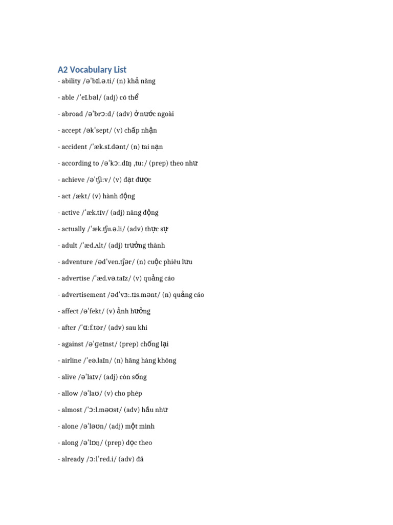 A2 Vocabulary List | PDF