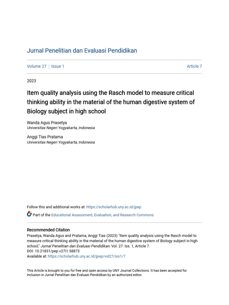 Item Quality Analysis Using The Rasch Model To Measure Critical T | PDF ...