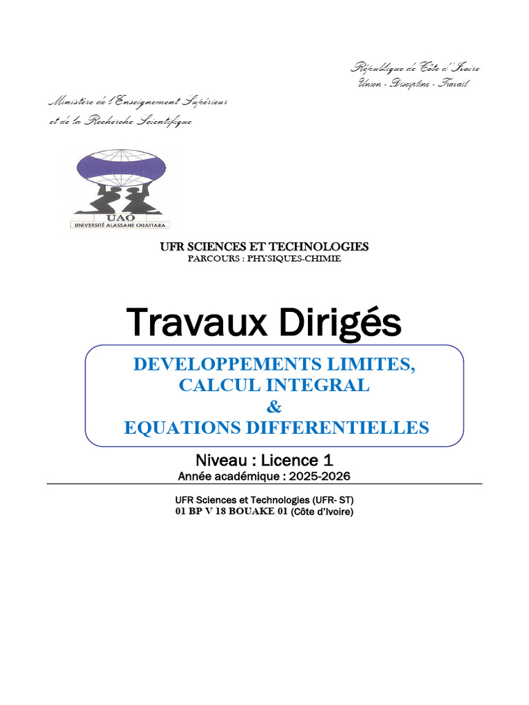 TD Calcul Intgral Et Equations Differentielle UAO 2026 L1 PC | PDF