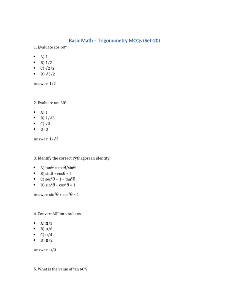 Basic Math Trigonometry Set 20 | PDF