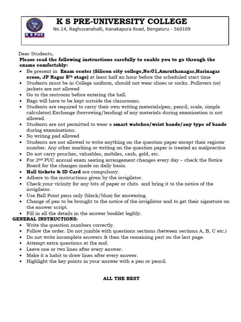 Instructions To Students - II PUC Exam | PDF